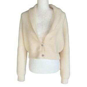 NEW House of Harlow 1960 Ivory Fuzzy Knit Rhinestone Button Cropped Cardigan - M
